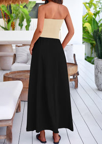 Strapless Patchwork Long Flowy Elegant Tube Top Maxi Dresses with Pockets