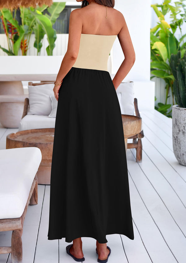 Strapless Patchwork Long Flowy Elegant Tube Top Maxi Dresses with Pockets