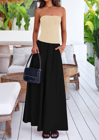 Strapless Patchwork Long Flowy Elegant Tube Top Maxi Dresses with Pockets