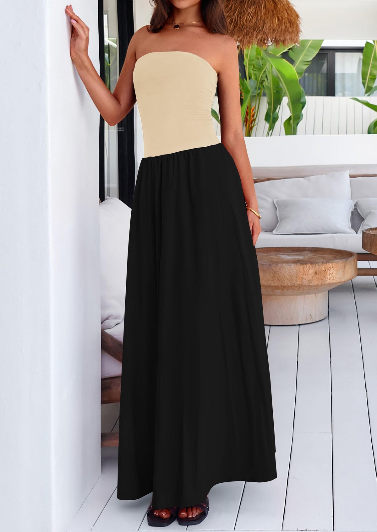 Strapless Patchwork Long Flowy Elegant Tube Top Maxi Dresses with Pockets