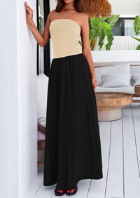 Strapless Patchwork Long Flowy Elegant Tube Top Maxi Dresses with Pockets