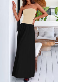 Strapless Patchwork Long Flowy Elegant Tube Top Maxi Dresses with Pockets