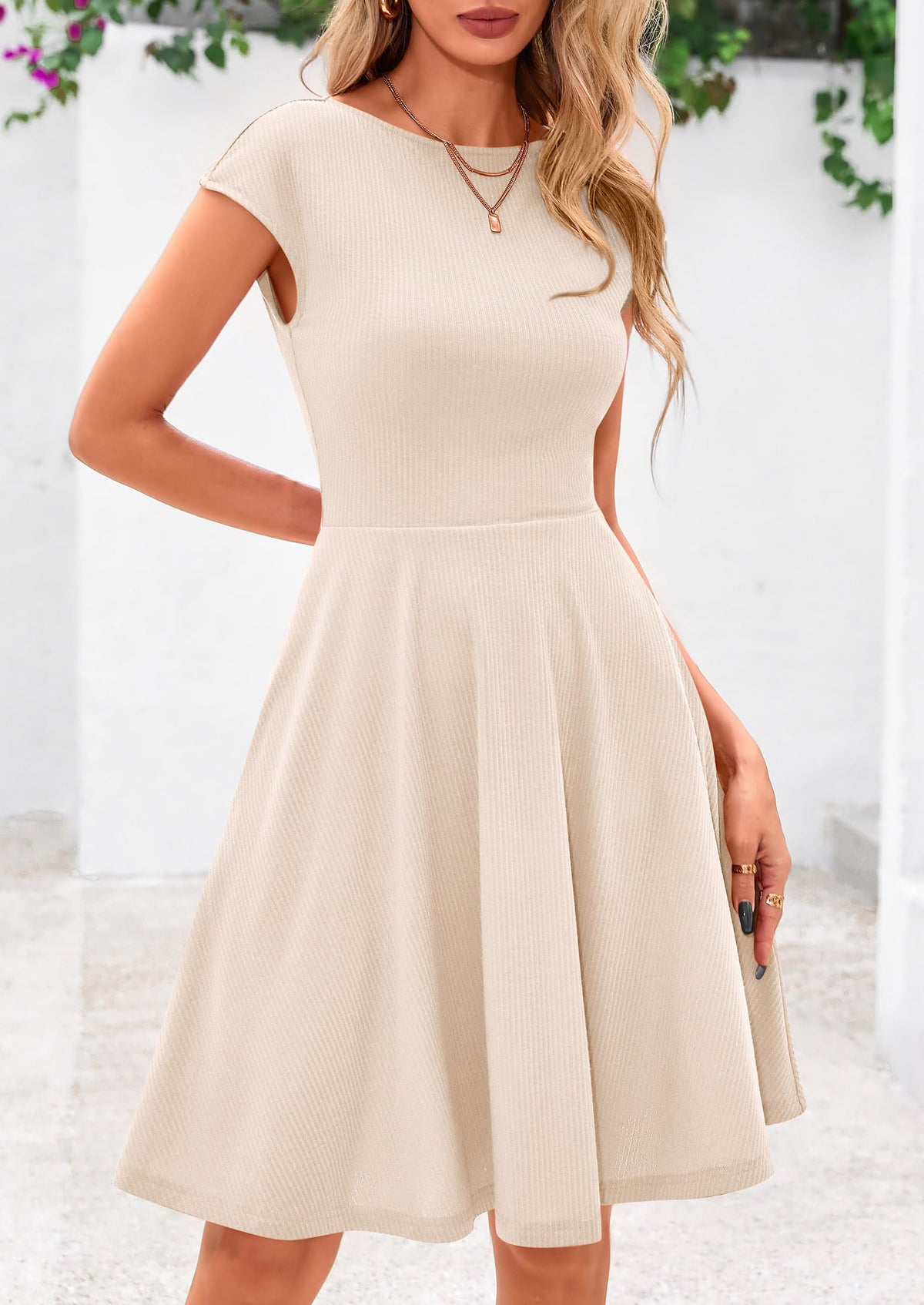 Crew neck Cap Sleeve Ribbed Knit Casual Flowy A Line Mini Dress with Pockets