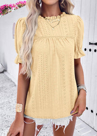 Casual Crew Neck Ruffle Short Sleeve Eyelet Babydoll Blouse
