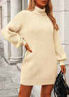 PRETTYGARDEN Sweater Dress for Women Long Puff Sleeve Turtleneck Ribbed Knit Oversized Pullover Winter Short Dress