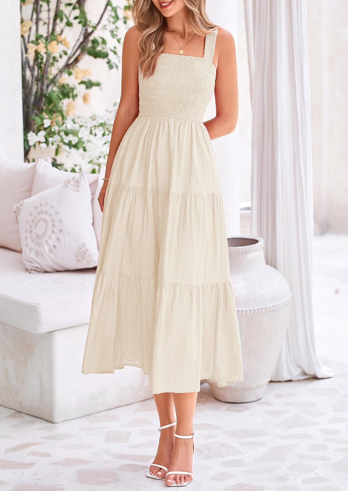 Smocked Ruffle A Line Long Flowy Sleeveless Beach Midi Dress