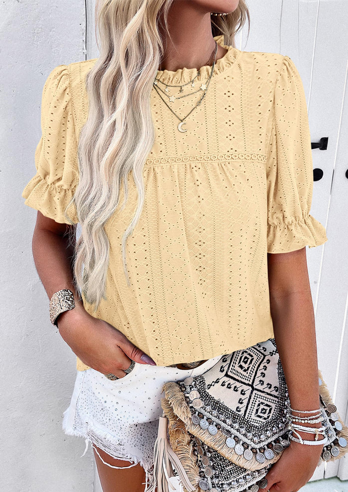 Casual Crew Neck Ruffle Short Sleeve Eyelet Babydoll Blouse
