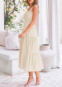 Smocked Ruffle A Line Long Flowy Sleeveless Beach Midi Dress