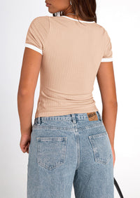 Casual Short Sleeve Ribbed Knit Square Neck Color Block Slim Fit Basic Crop T-shirts