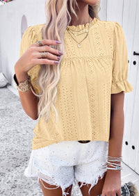 Casual Crew Neck Ruffle Short Sleeve Eyelet Babydoll Blouse