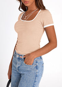Casual Short Sleeve Ribbed Knit Square Neck Color Block Slim Fit Basic Crop T-shirts