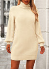 PRETTYGARDEN Sweater Dress for Women Long Puff Sleeve Turtleneck Ribbed Knit Oversized Pullover Winter Short Dress