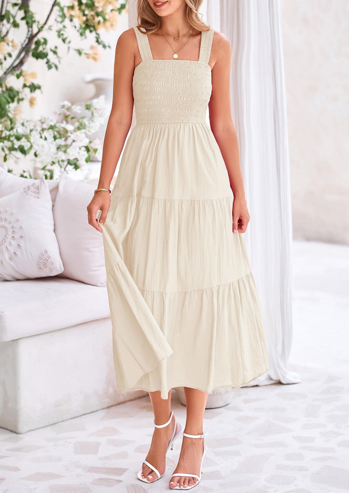 Smocked Ruffle A Line Long Flowy Sleeveless Beach Midi Dress