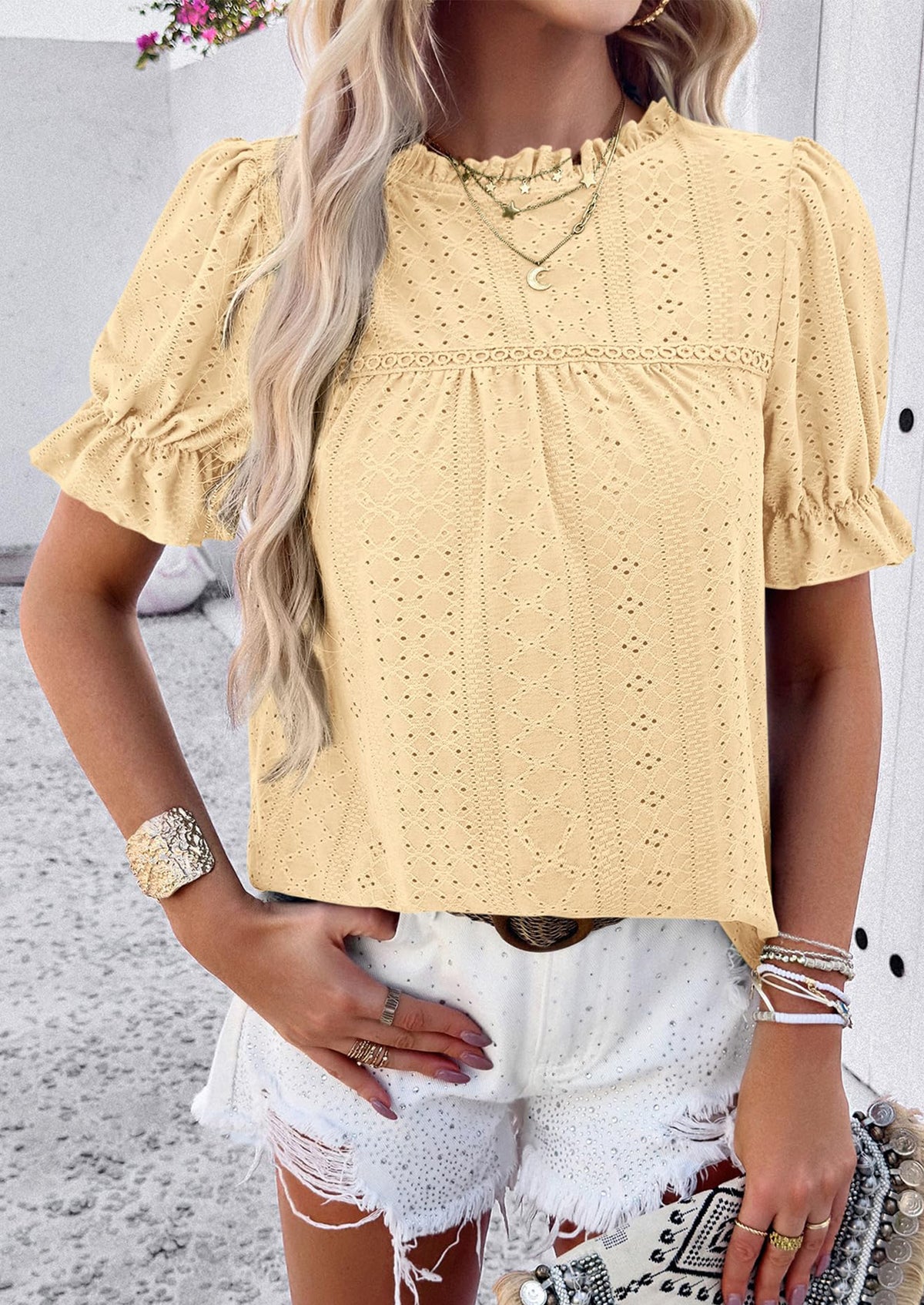 Casual Crew Neck Ruffle Short Sleeve Eyelet Babydoll Blouse