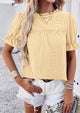 Casual Crew Neck Ruffle Short Sleeve Eyelet Babydoll Blouse