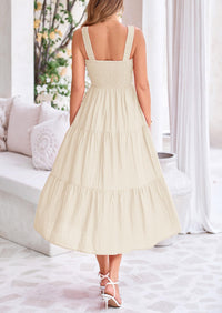 Smocked Ruffle A Line Long Flowy Sleeveless Beach Midi Dress