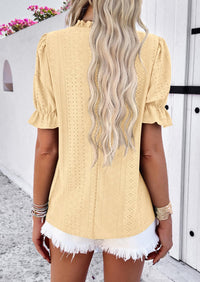 Casual Crew Neck Ruffle Short Sleeve Eyelet Babydoll Blouse