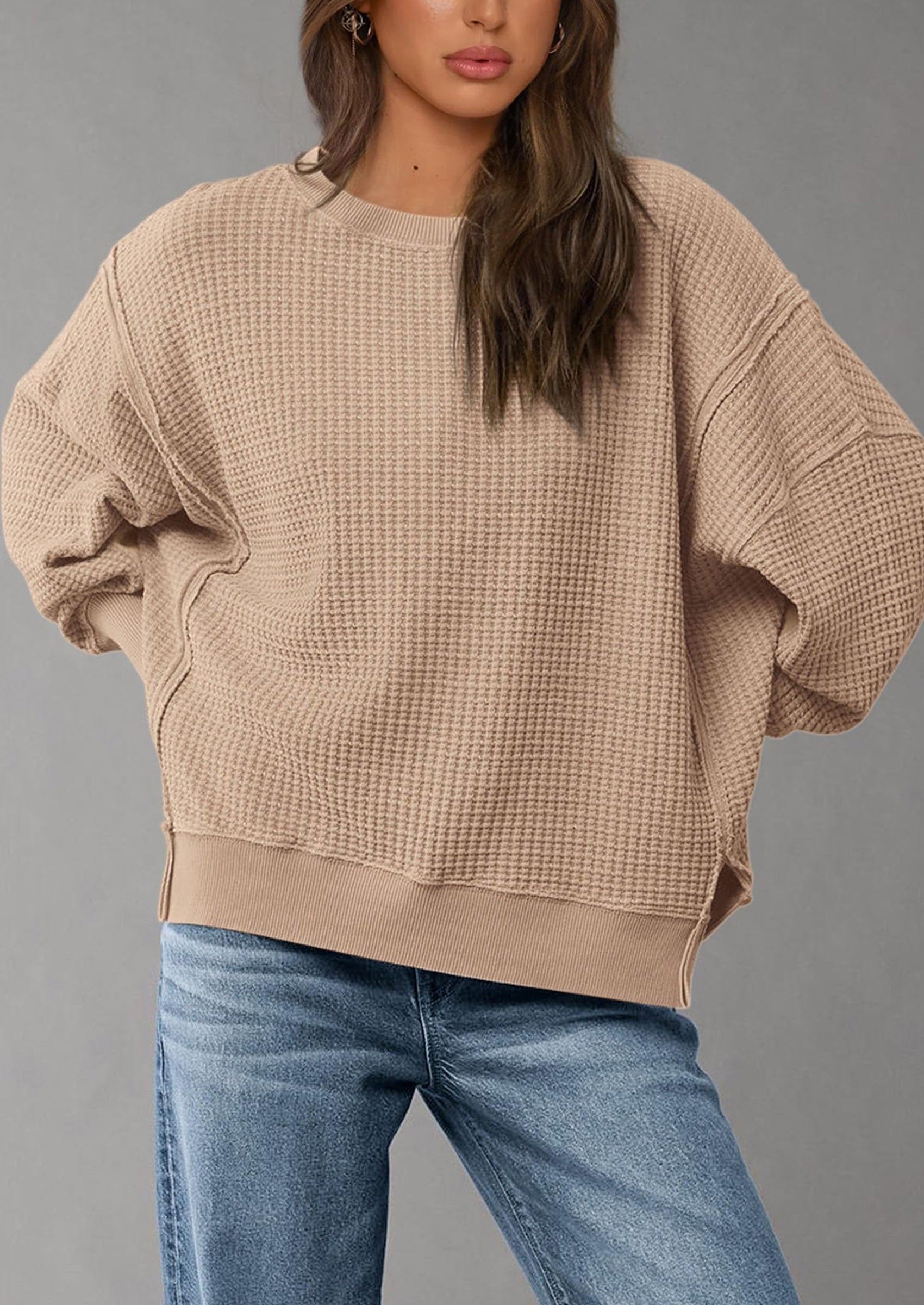 PRETTYGARDEN Oversized Sweatshirt for Women Fashion Crewneck Long Sleeve Pullover Waffle Knit Tops Fall Trendy Clothes