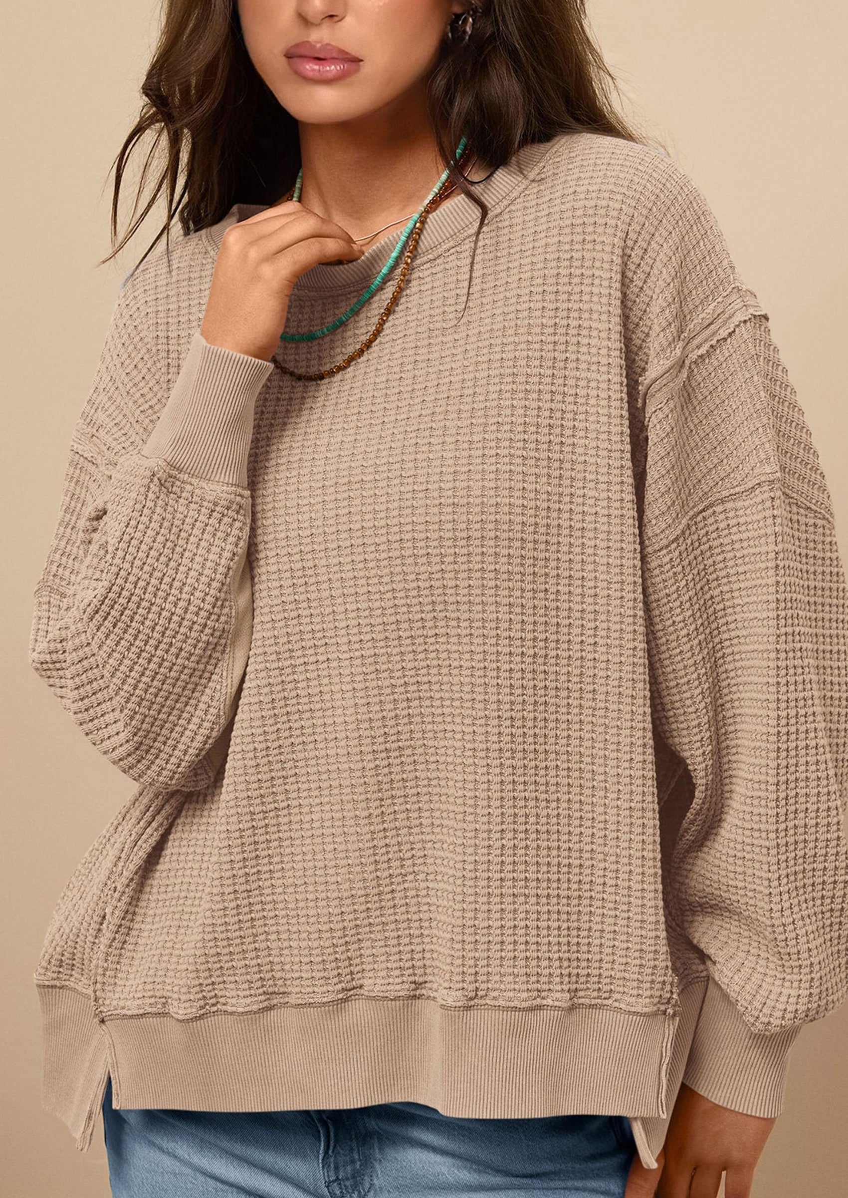 PRETTYGARDEN Oversized Sweatshirt for Women Fashion Crewneck Long Sleeve Pullover Waffle Knit Tops Fall Trendy Clothes