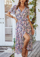 V Neck Short Sleeve Belted Ruffle Hem A-Line Bohemian Maxi Dress