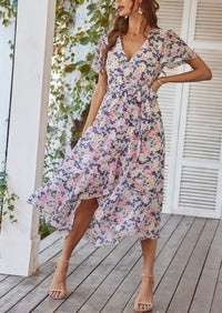 V Neck Short Sleeve Belted Ruffle Hem A-Line Bohemian Maxi Dress