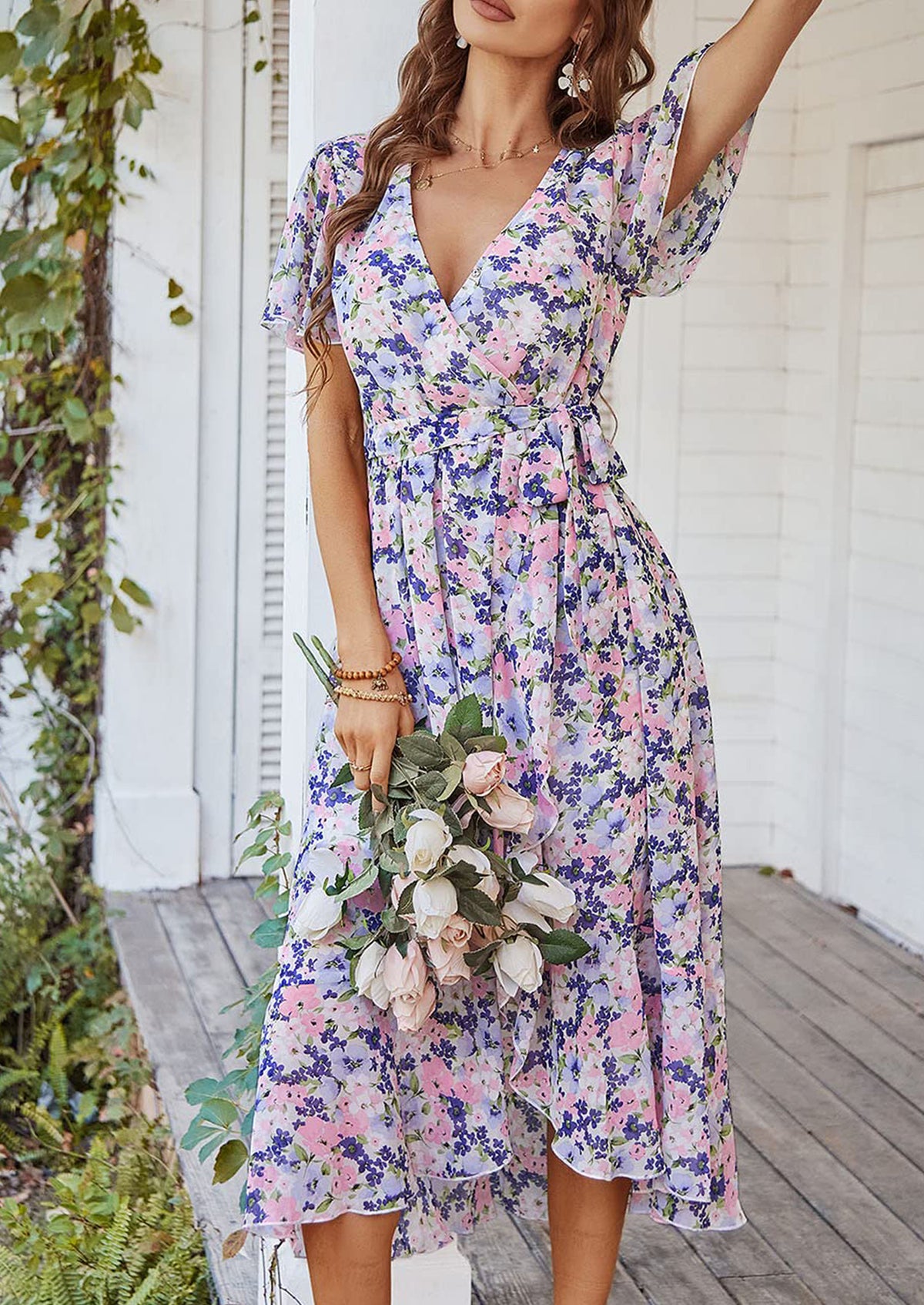 V Neck Short Sleeve Belted Ruffle Hem A-Line Bohemian Maxi Dress