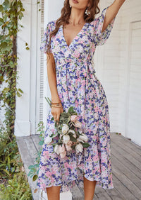 V Neck Short Sleeve Belted Ruffle Hem A-Line Bohemian Maxi Dress