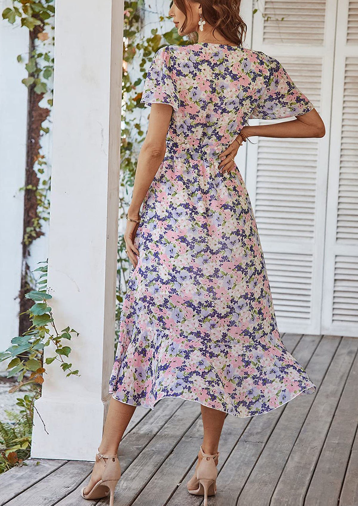 V Neck Short Sleeve Belted Ruffle Hem A-Line Bohemian Maxi Dress