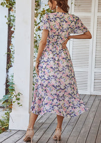 V Neck Short Sleeve Belted Ruffle Hem A-Line Bohemian Maxi Dress