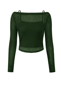 Boat Neck Long Sleeve Sheer Crop Cover Up with Spaghetti Strap Camisole 2 Piece Blouses