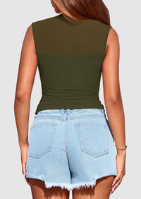 Sheer Mesh Casual Sleeveless Mock Neck Ruched Slim Fitted Tank Tops