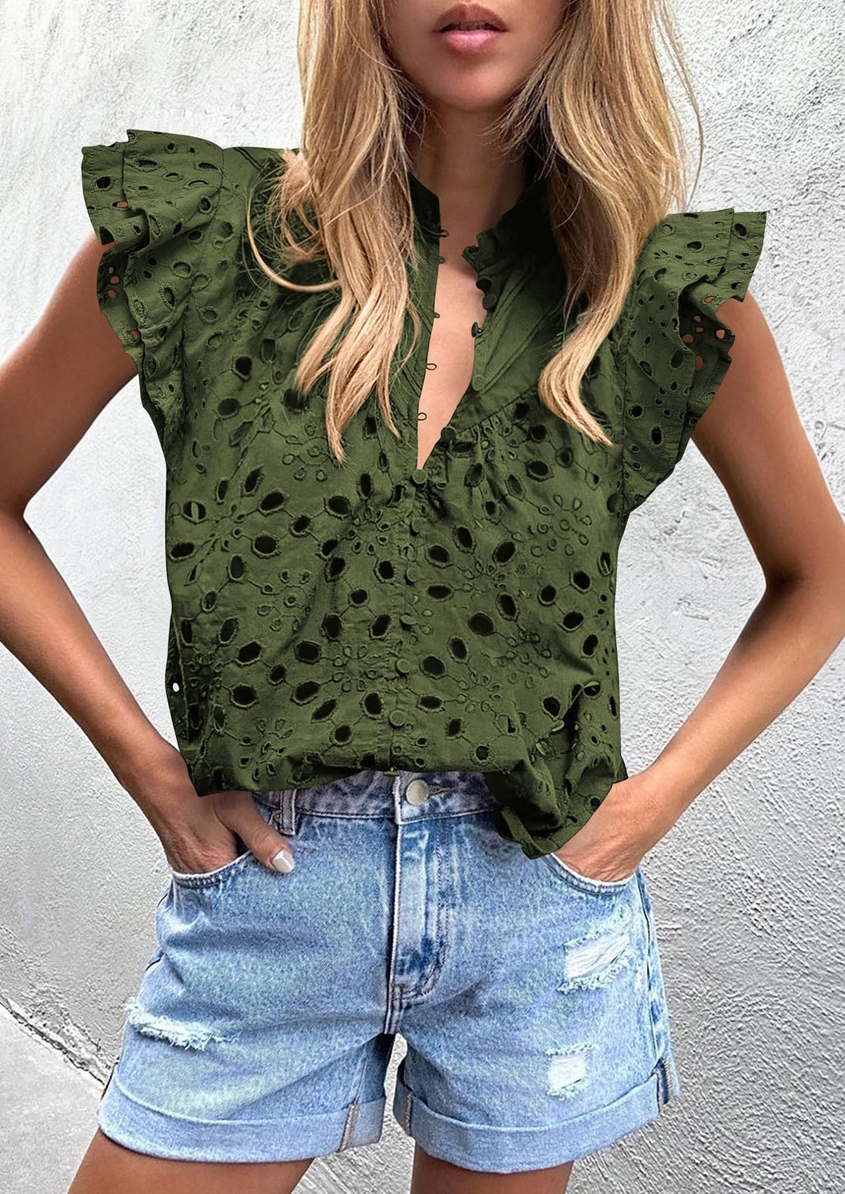 Casual Ruffle Cap Sleeve Button V Neck Embroidered Eyelet Blouses