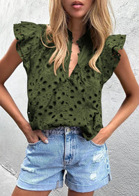 Casual Ruffle Cap Sleeve Button V Neck Embroidered Eyelet Blouses
