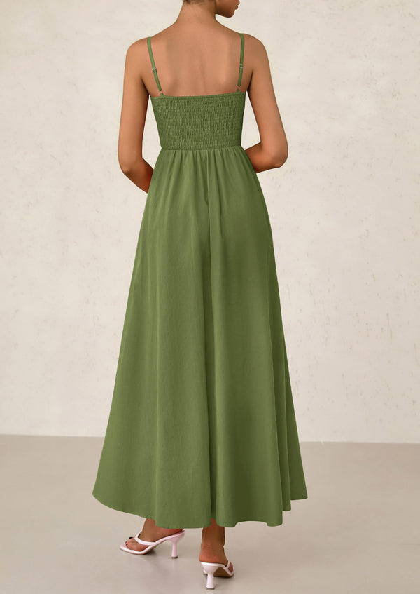 Smocked Beach Casual Spaghetti Strap Swing A Line Flowy Maxi Dresses