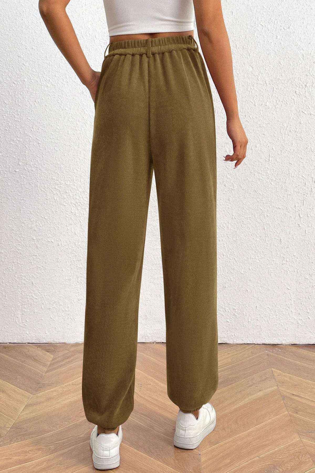 Elastic High Waisted Work Office Corduroy Casual Pants with Pockets