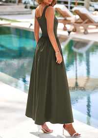 Casual Scoop Neck Sleeveless Patchwork A-line Swing Maxi Dresses with Pockets