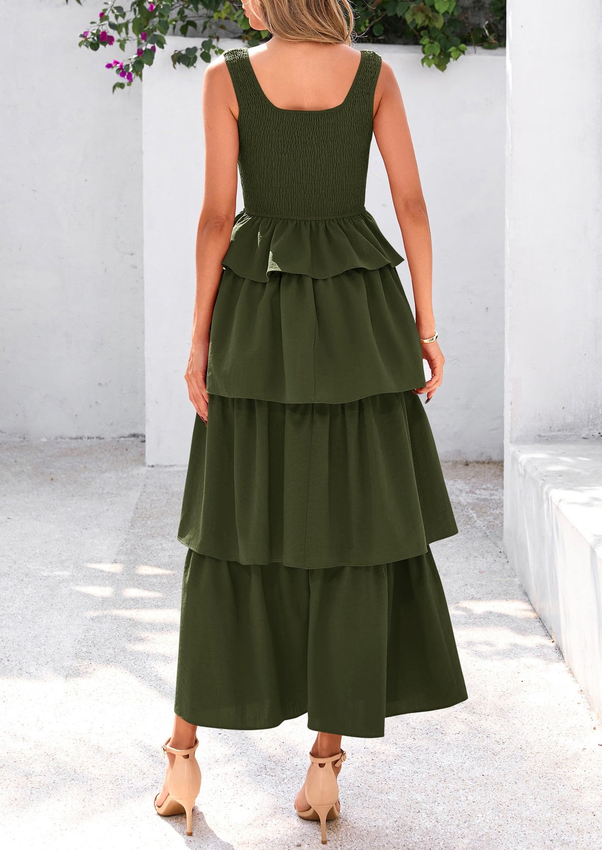 Sleeveless Scoop Neck Smocked A Line Tiered Beach Midi Dress