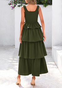 Sleeveless Scoop Neck Smocked A Line Tiered Beach Midi Dress