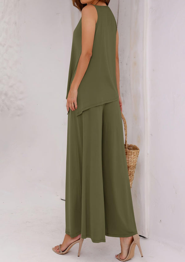 Asymmetrical Split Tank Tops Wide Leg Pants  Two Piece Sets