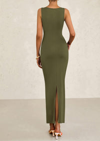 Sleeveless Ruched Bodycon Slit Long Maxi Dresses