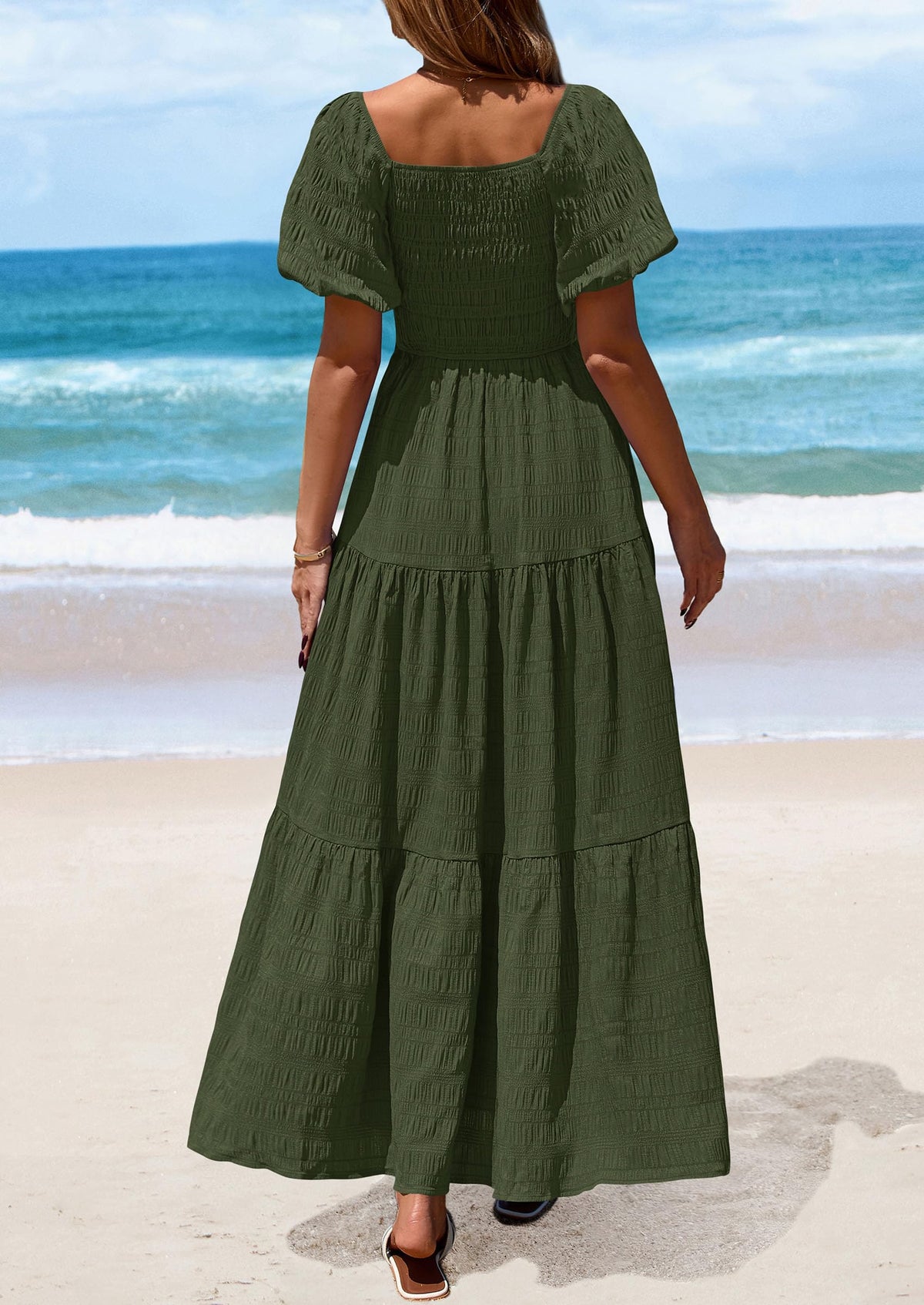 Puff Short Sleeve Square Neck Smocked Tiered Ruffle A Line Flowy Beach Maxi Dresses