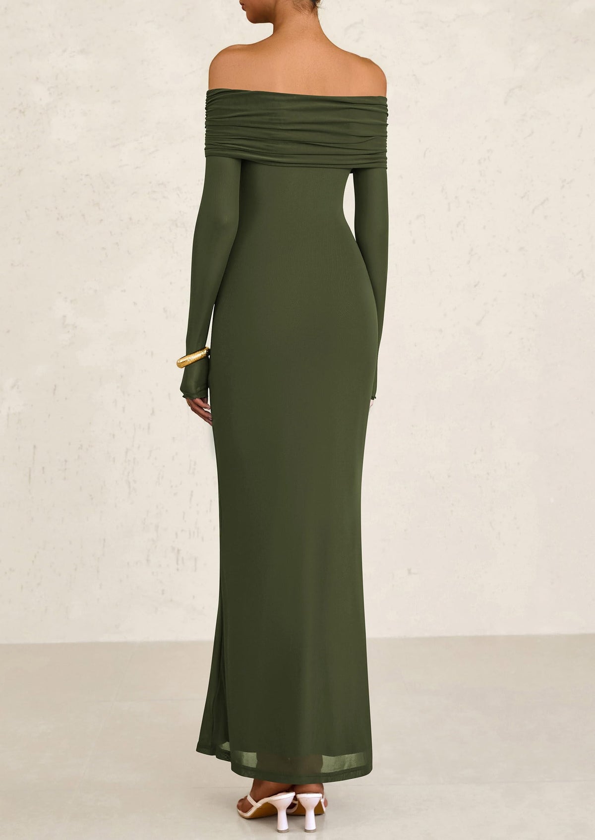 Off The Shoulder Bodycon Long Sleeve Mesh Maxi Dress