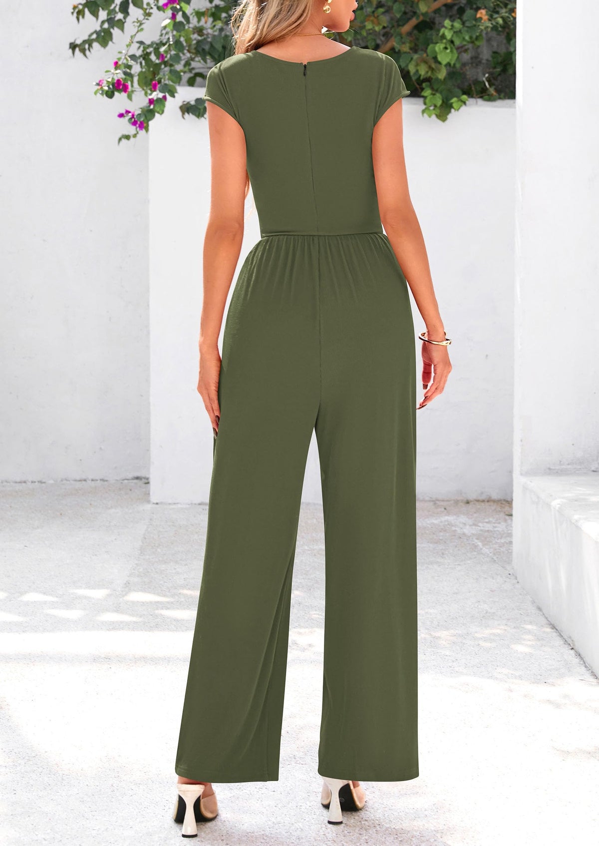 Dressy Ribbed Cap Sleeve Wide Leg Pants Elegant Casual Jumpsuits