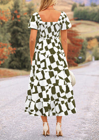 Off Shoulder Puff Sleeve Print Smocked Ruffle Beach Flowy Boho Midi Dress