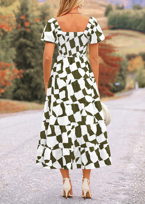 Off Shoulder Puff Sleeve Print Smocked Ruffle Beach Flowy Boho Midi Dress