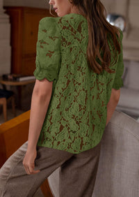 Lace Puff Sleeve Casual Dressy Eyelet Crew Neck Button Down Blouses