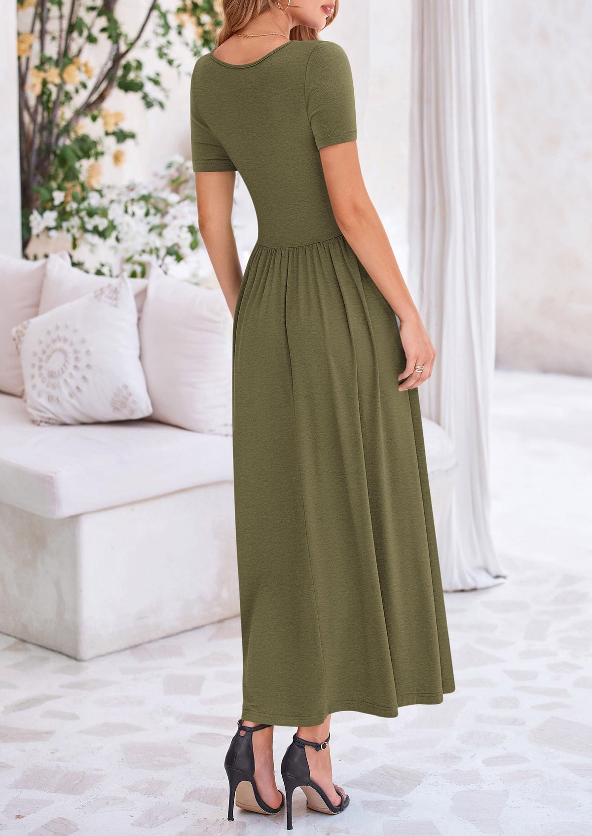 Casual Short Sleeve Ruched Patchwork A Line Pleated Swing Maxi Dresses with Pockets