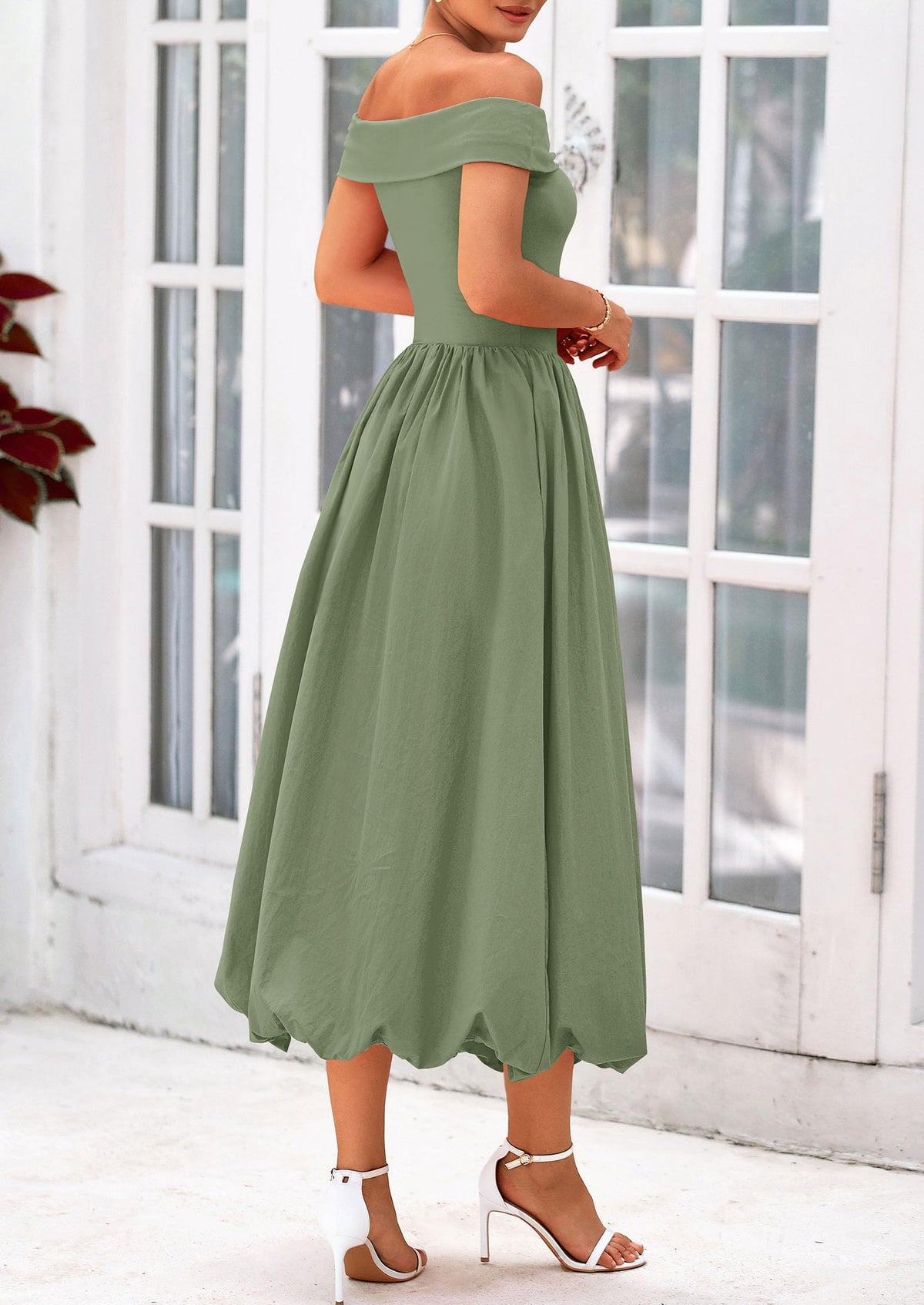 Off Shoulder Sleeveless A Line Midi Dress with Pockets