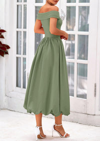 Off Shoulder Sleeveless A Line Midi Dress with Pockets