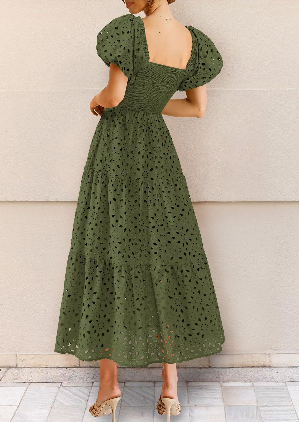 Eyelet Square Neck Puff Sleeve Smocked Maxi Dress with Pockets
